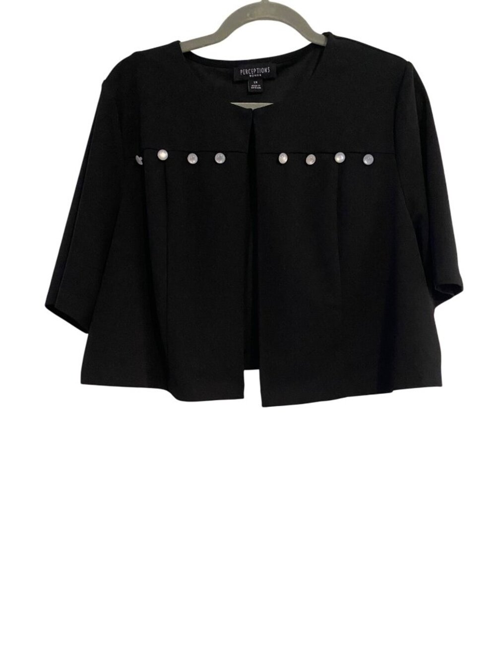 Perceptions Woman 1X Black Open Front Cardigan Cropped Button Accent 3/4 Sleeve